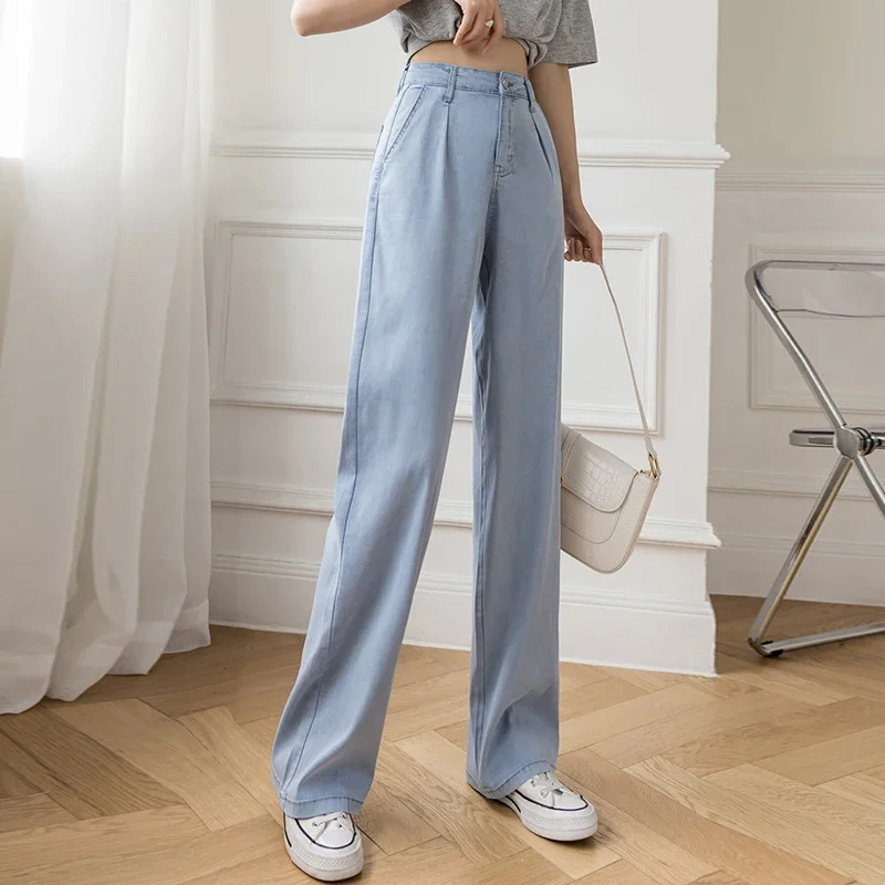 

Women Casual High Waist Loose Thin Pants 2021 Summer Wide Leg Jeans Loose Ice Silk Straight Trousers Female Long Denim Pants Pop