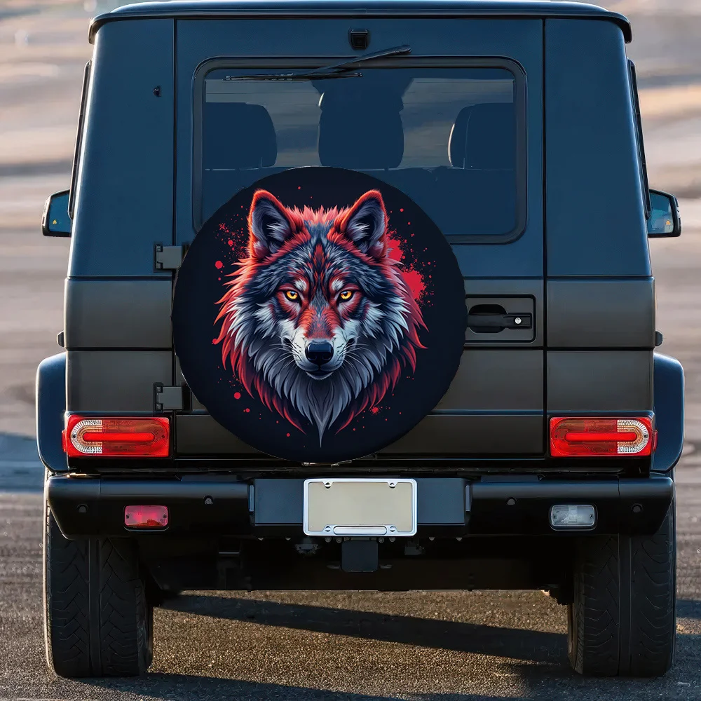 One Piece Of 2D Flat-Printed Car Tire Cover Featuring A Majestic Wolf Portrait With A Fiery Spirit, Made Of Polyester, Suitable view 2