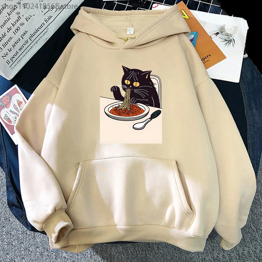 Cartoon Cat Eating Spaghetti Hoodie MEN Cute Animal Graphic Sweatshirt Harajuku Popular Characters High Street Korean Style Tops