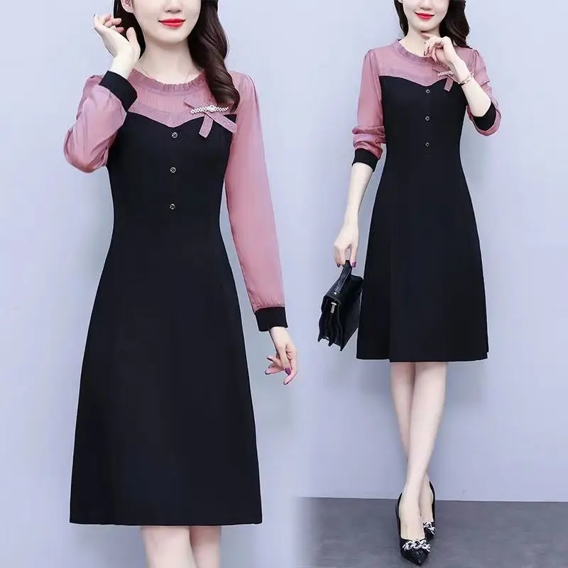 Vintage Black Patchwork Button Dress Round Neck Long Sleeve High Waist Slim Vestidos Korean Elegant Midi Dresses Women Autumn