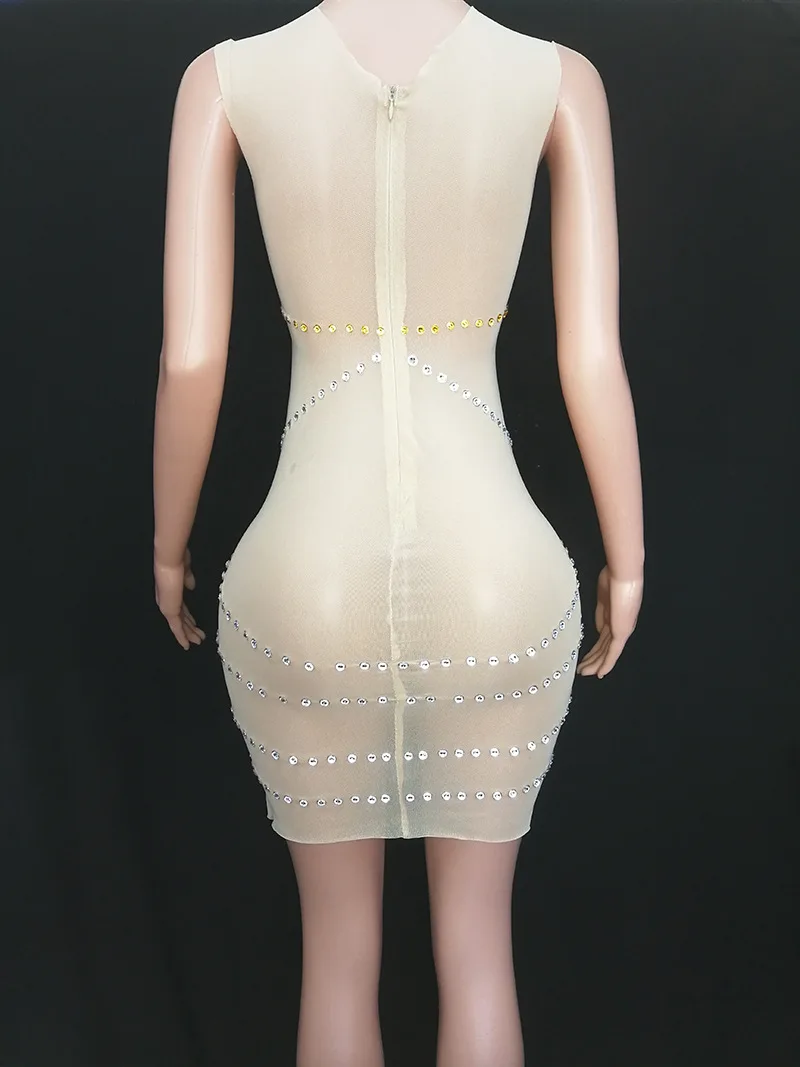 Nieuwe Mesh Diamond Ingelegd Perspectief Ritssluiting Slim Fit Korte Rok Vakantie Feestavond Jurk Zangeres Sexy Podium Outfit