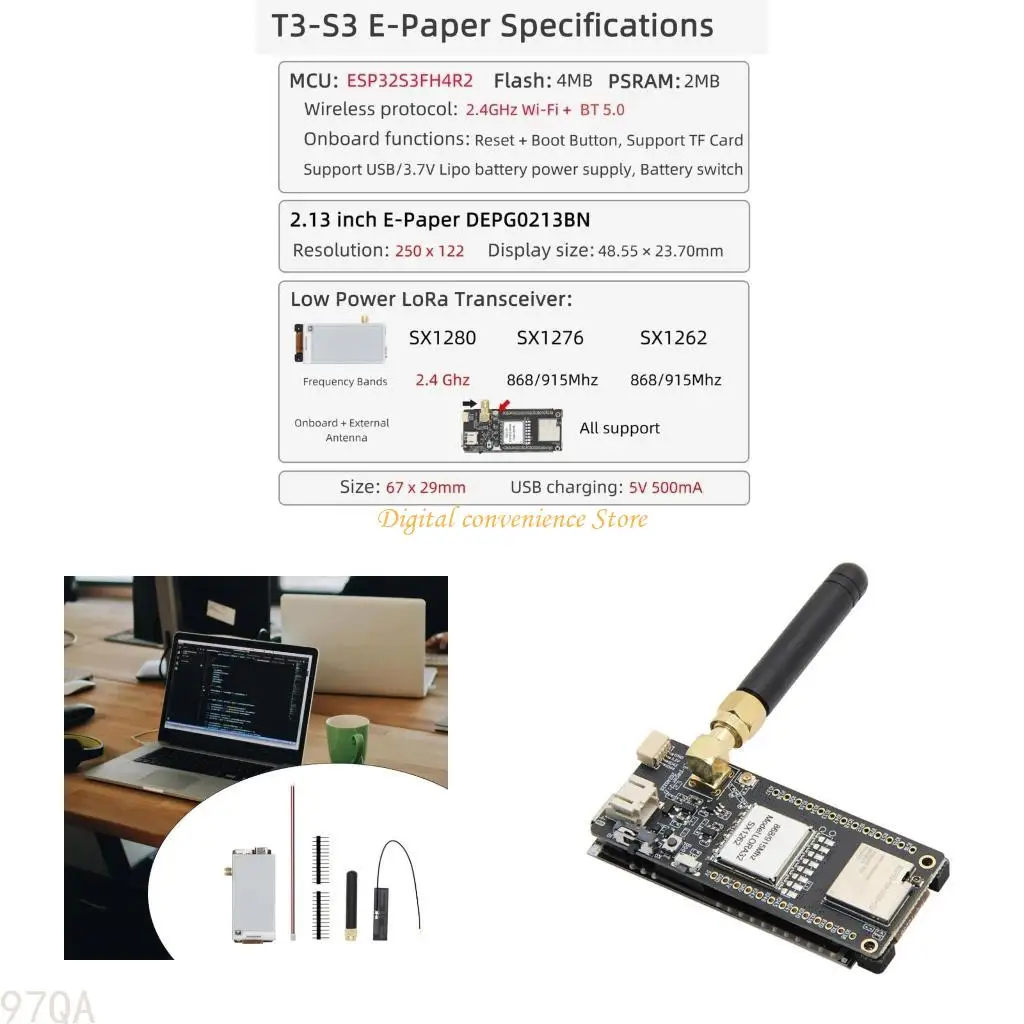 

97QA T3S3 ESP32S3 Development Driver Board 2.13inch Display Module SX1280 SX1262 Wifi