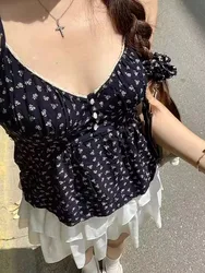 Casual Women Floral Print Button Tank Tops Summer Sexy V Neck Cotton Ruffles Crop Top Female Vintage Sleeveless Camis Vests