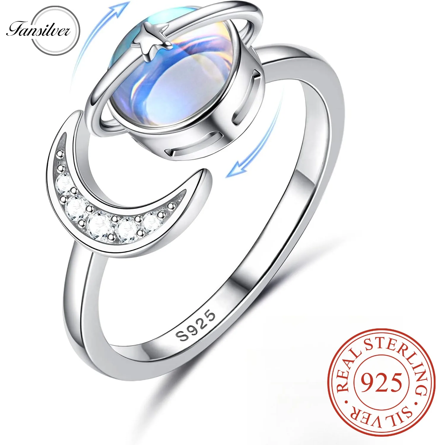 Fansilver 925 Sterling Silver Anxiety Ring for Women 18K White Plated Open Moonstone Adjustable Fidget Ring for Anti-Stress Ring