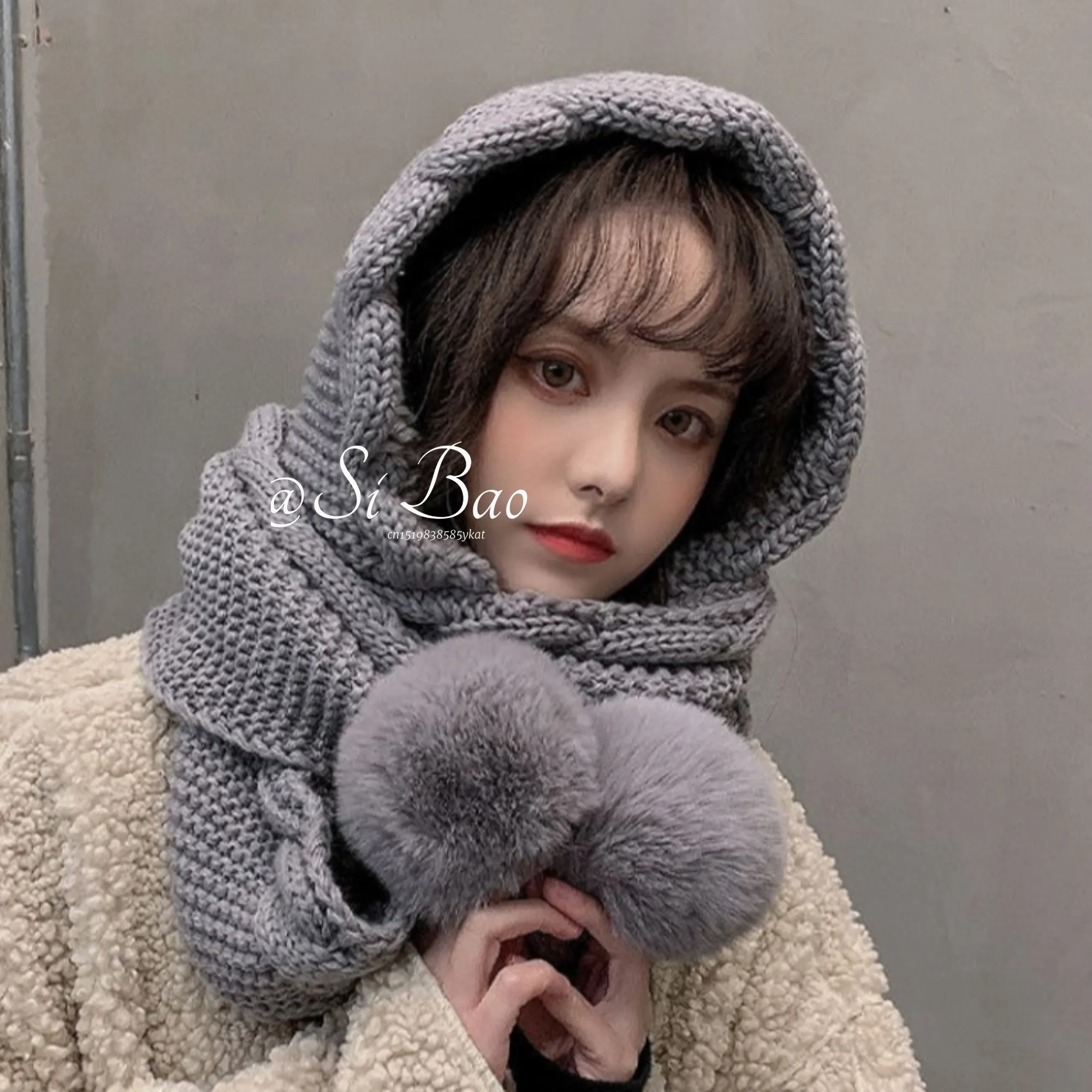 Women Korean Hooded Scarf Winter Hats Woman Cold Protection Warm Scarf Hat Cute Fur Ball Ear Protection Thickened Knitted Hat