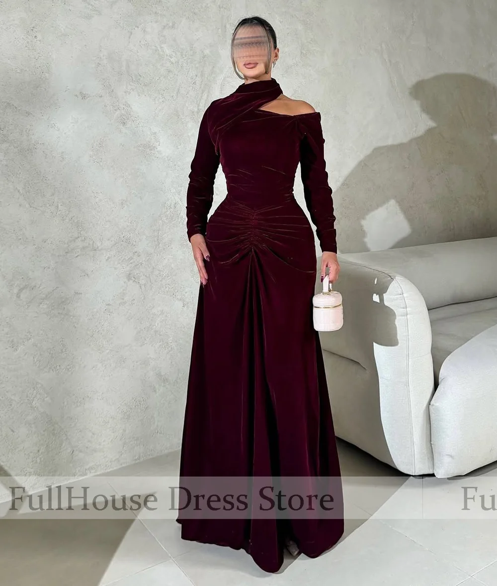 مناسبة مخصصة خمر الرقبة العالية كم طويل المخملية غمد مثير ثوب مسائي مطوي الطابق طول فستان عربي سعودي مع المحكمة