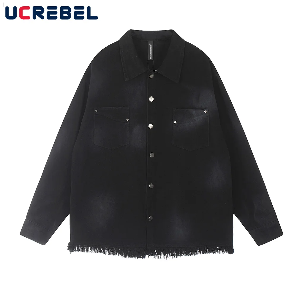 Letter Print Distressed Long Sleeve Shirts Mens Raw Edge High Street Autumn Pocket Lapel Single Breasted Shirts Men