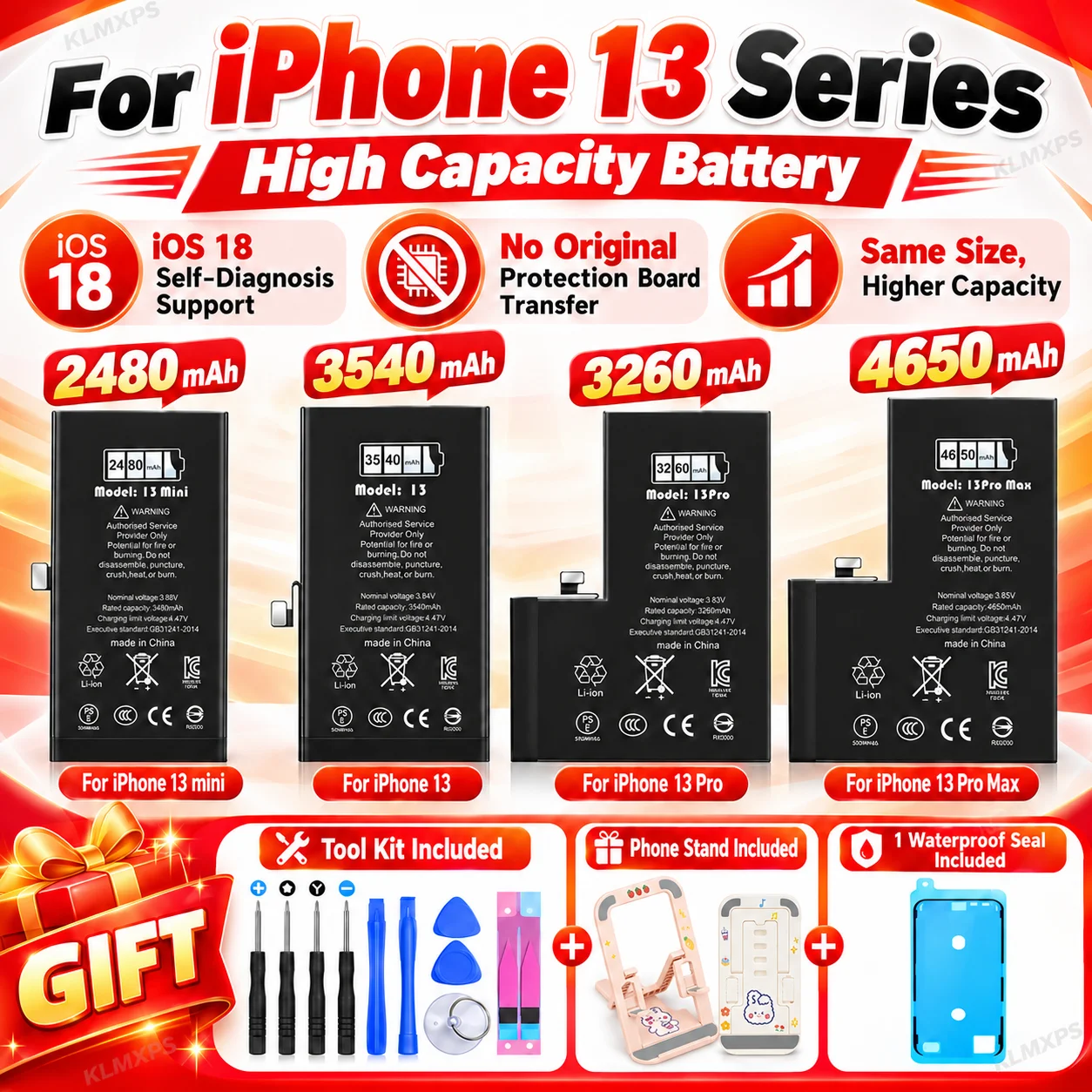 High Capacity Battery For iPhone 13 Mini Pro Max Replacement Battery iOS 18 Self Diagnosis Support Repair Tool Kit Included