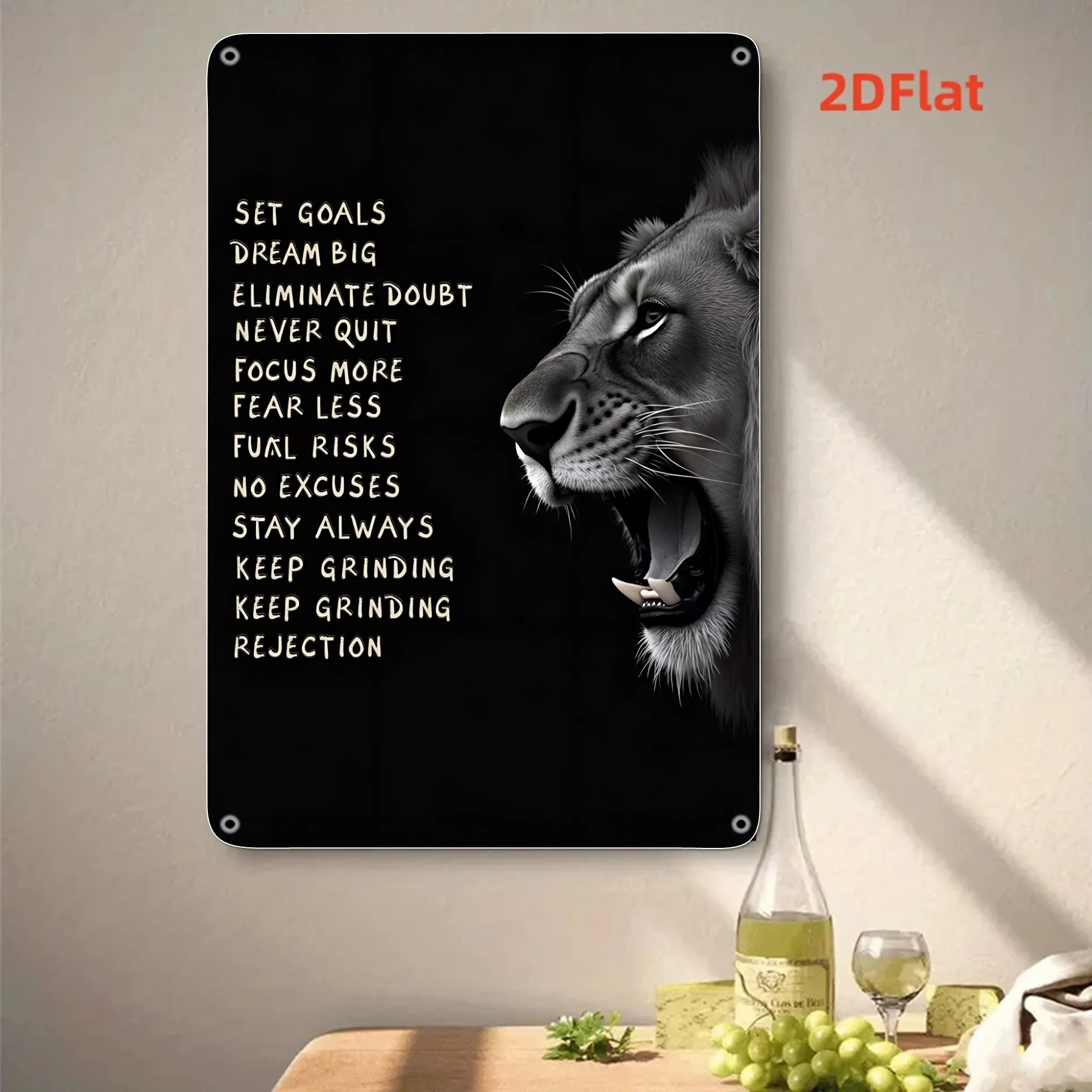 Metal Motivational Lion Roaring Poster - Goal-Setting Success Decor with Black Background Heavy-Duty Iron Wall Art Plaque for Ho