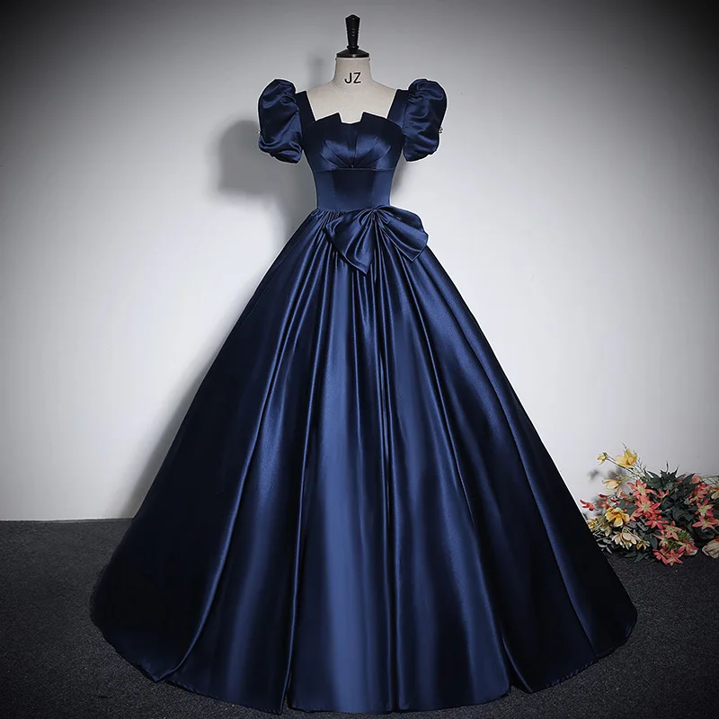 Female Satin Formal Party Dress Retro French Palace Style Prom Dress Banquet Dress Temperament Square Neck Pleated Maxi Dress