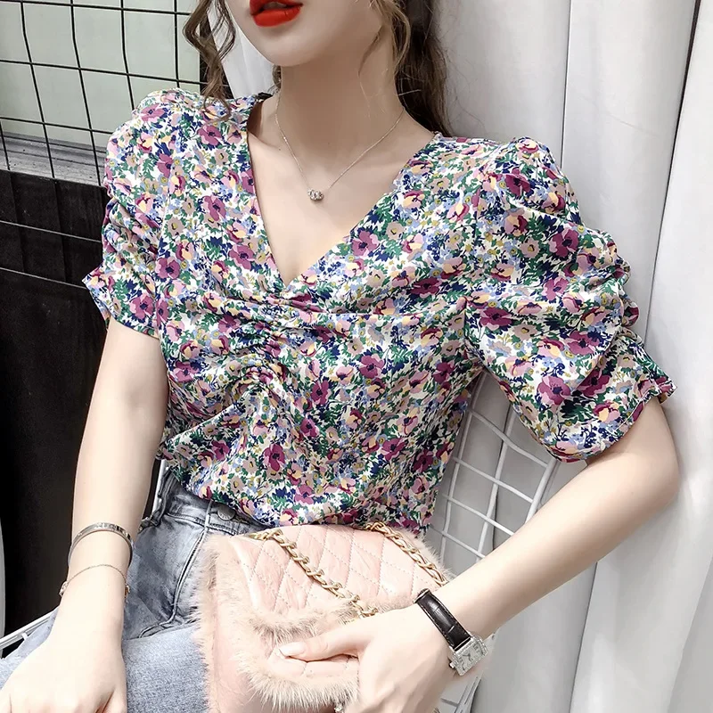 Tops For Women Summer 2020 Vintage Korean V Neck Ruched Flower Short Sleeve Chiffon Floral Print Blouse Shirt Top Women Clothing