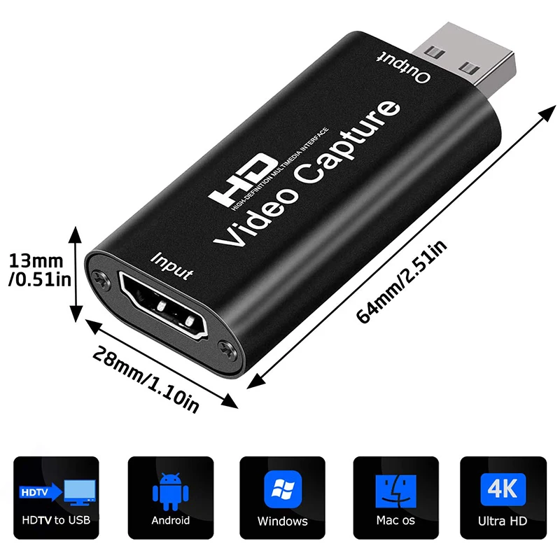 Metal Shell 4K HDMI-Compatible USB 2.0 Video Capture Device, Ideal for Game Recording, Live Streaming, PS4, DVD and Camcorder Vi