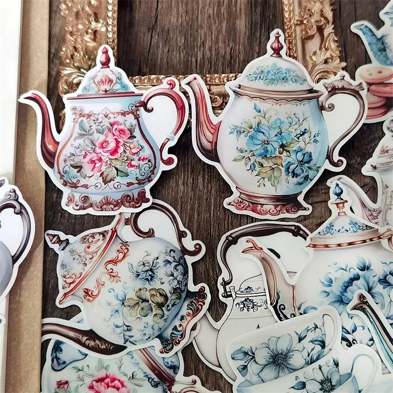 Cute Watercolor Vintage European Floral Pattern Teapot and Teacup Stickers Retro, Waterproof Photo Album Stationery Clip Book