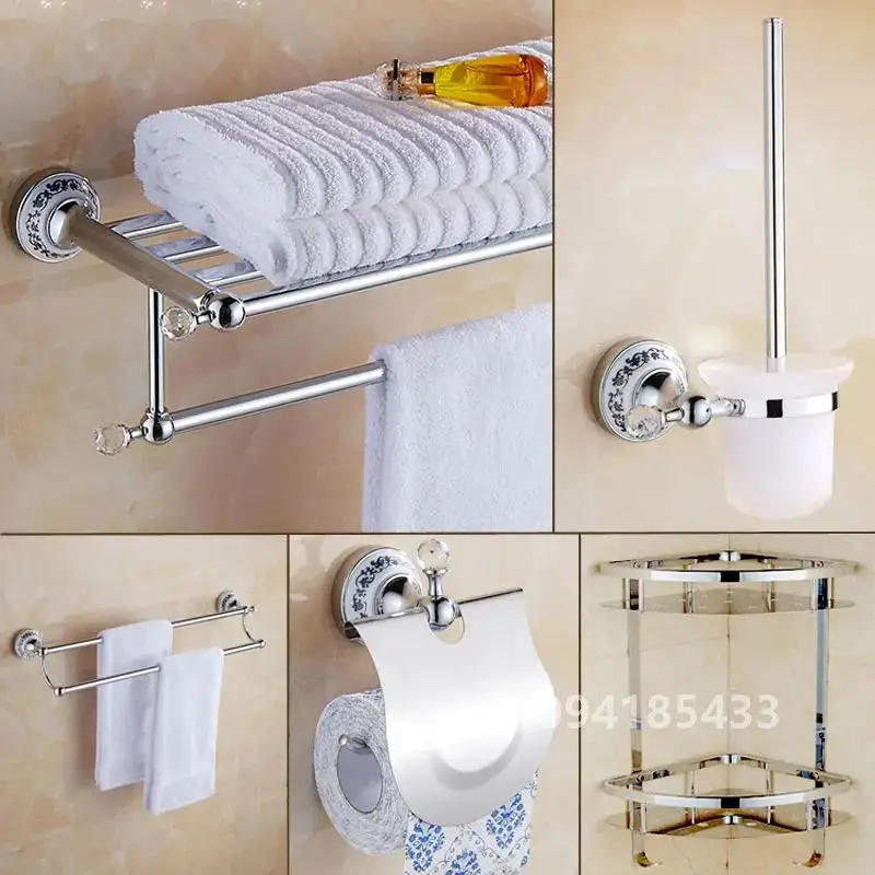 European Antique Blue and White Porcelain Chrome Finish Bathroom Hardware Set Silver&Crystal Towel Rack Bar Hook Basket Rack 5