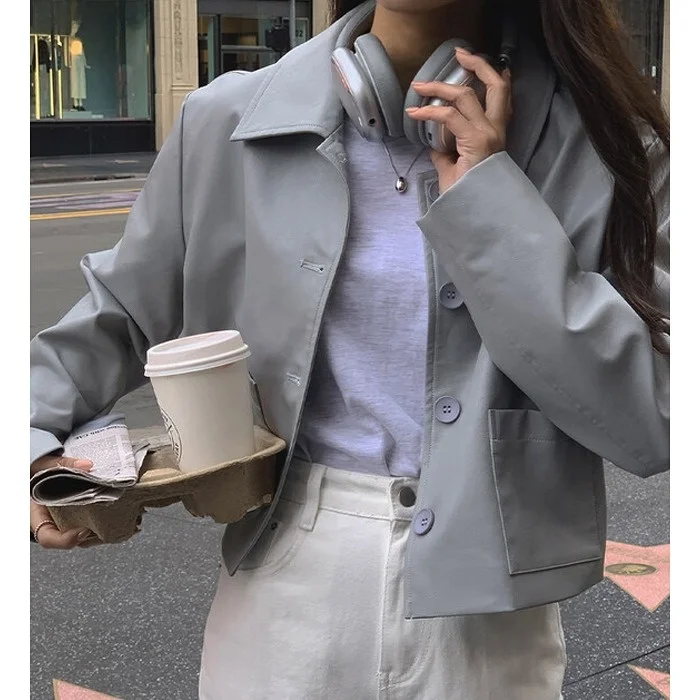 

Chic Autumn Winter Retro Lapel Single Button Versatile Leather Jaet Women's Faionable Outerwear Korean Sle All-Match Coat