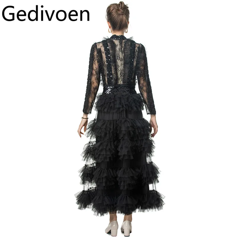 Gedivoen vestido feminino de malha com lantejoulas e miçangas, manga comprida, babados em camadas, nova moda, vestido de baile grande com cinto