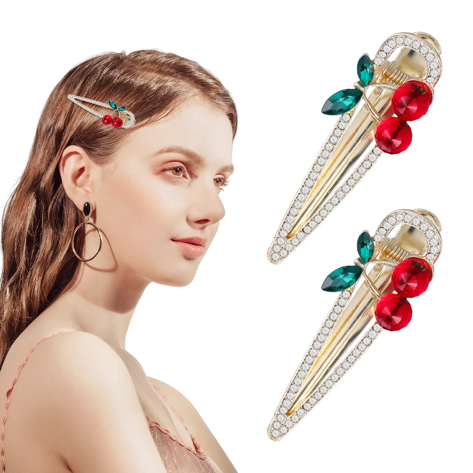 

2Pcs Cherry Hair Clips Rhinestone Duckbill Barrettes Vintage Girls Headdress Accessories Everyday Occasions Hair
