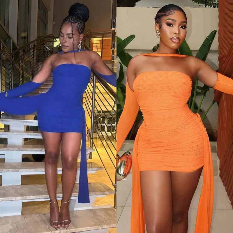 

Elegant Mesh Strapless Mini Dress With Tassel Detail And Matching Long Gloves, Bodycon Style For Evening Party Or Clubwear Look