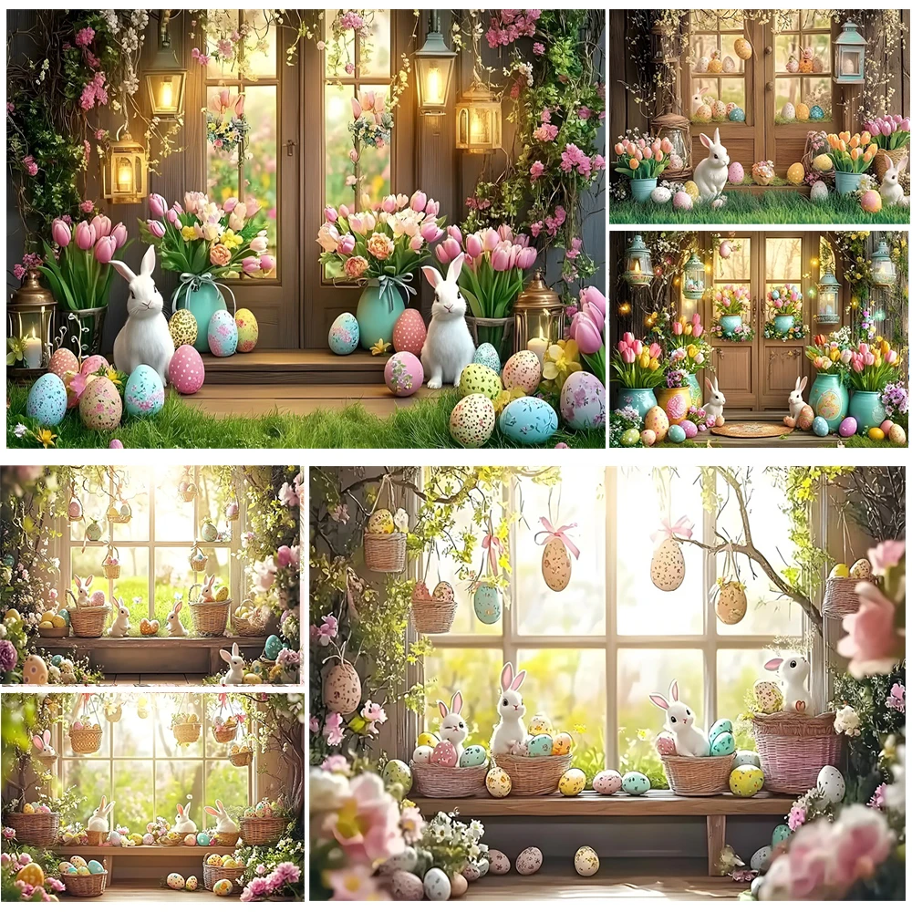 

Spring Easter Photography Backdrop Wooden House Flowers Rabbit Bunny Eggs Baby Birthday Party Decor Photocall Background Props