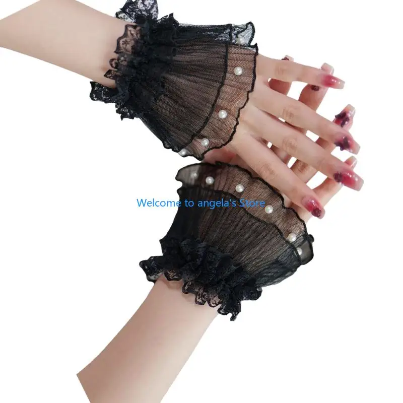 X4YC Fashion Artificial Pearls Cuff Sleeves Sheer Lace Flower Wrist Cuff Sleeves Elastic Wrist Decoration for Women Blouse