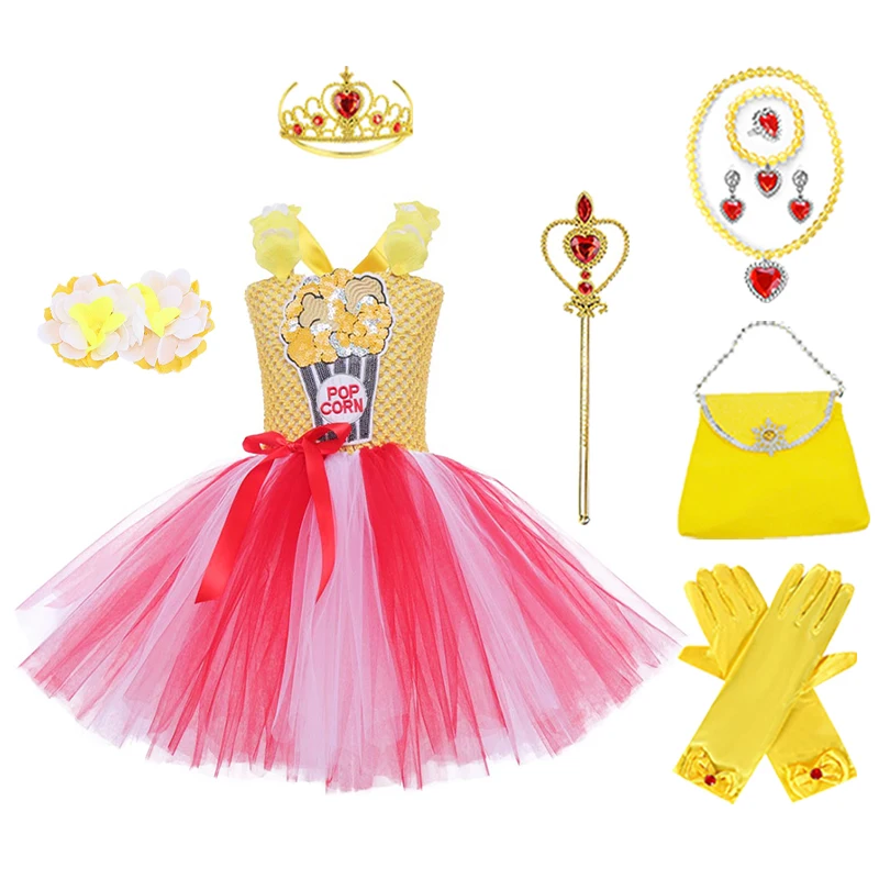 Cartoon Popcorn Cos Dress Crown Magic Wand Bag Glove Necklace Bracelet Ring Earring Set Party Performance Cosplay Costume