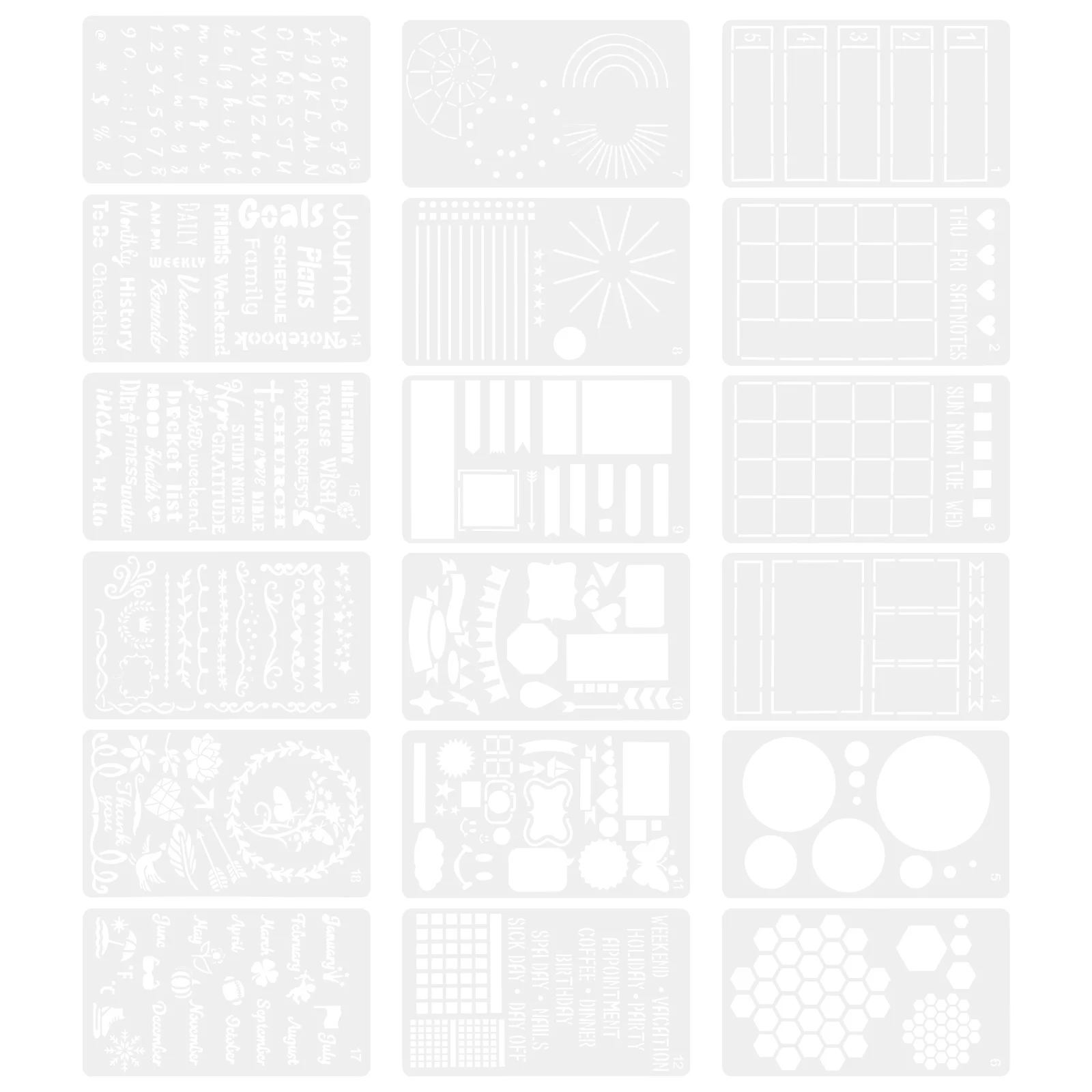 

1Set Journal Stencils Painting Templates 18 Styles Waterproof Washable Eco-Friendly Pet Plastic for Notepad Scrapbooking DIY