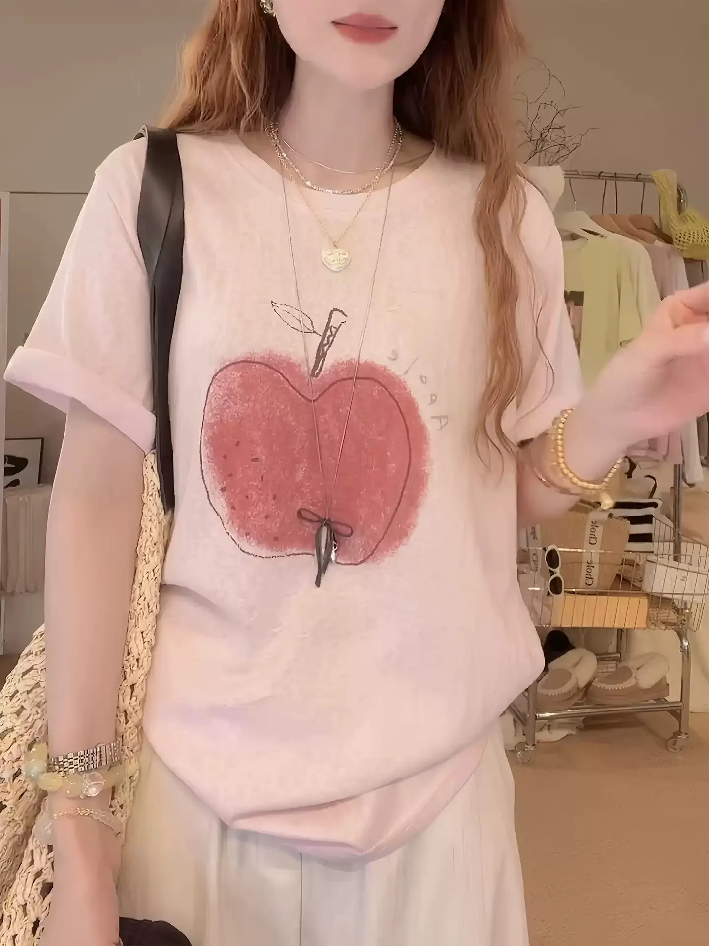 Summer Loose Fit Oversized Fruit Print Round Neck Short Sleeve Tee Korean Version for Women
