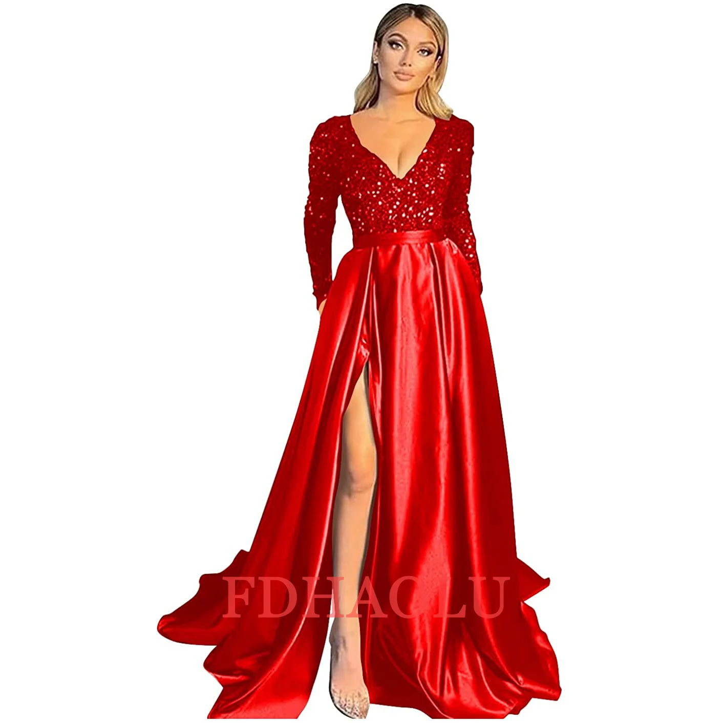 Gaun Prom Merah Muda Payet FDHAOLU Gaun Pesta Malam Lengan Panjang Satin Celah Seksi Gaun Pesta Malam Sederhana A-Line Vestido De Fiesta De Boda RU182