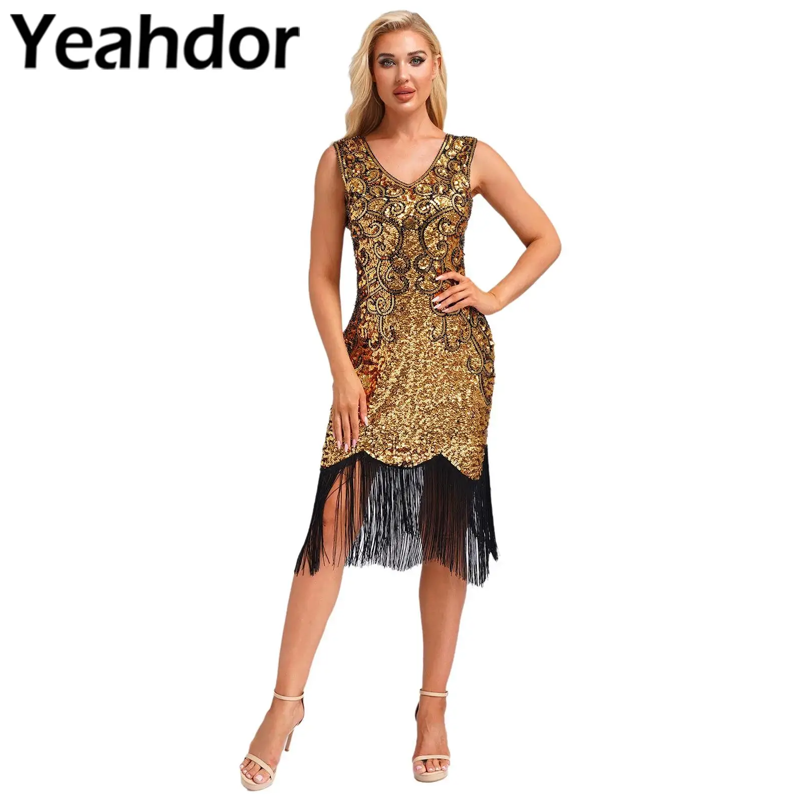 

Vintage Party Dress for Women Sequin Cocktail Gown Tassels Dress Ball Evening Party Banquet Pageant Wedding Vestido De Fiesta