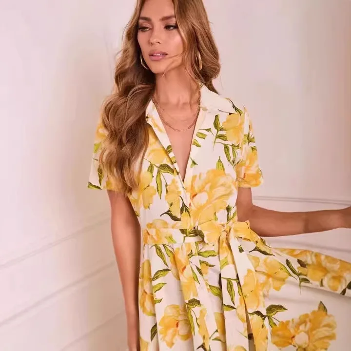 Spring Summer Printed V Neck Midi Dress Shirt Blouse Top Dresses