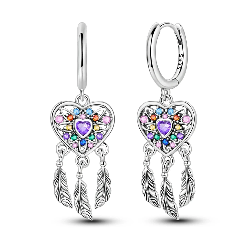925 Sterling Silber Traumhafter Herz-Traumfänger Creolen für Damen, Niedlicher Schmuck für Party, Hochzeit, Jahrestag, Geschenk