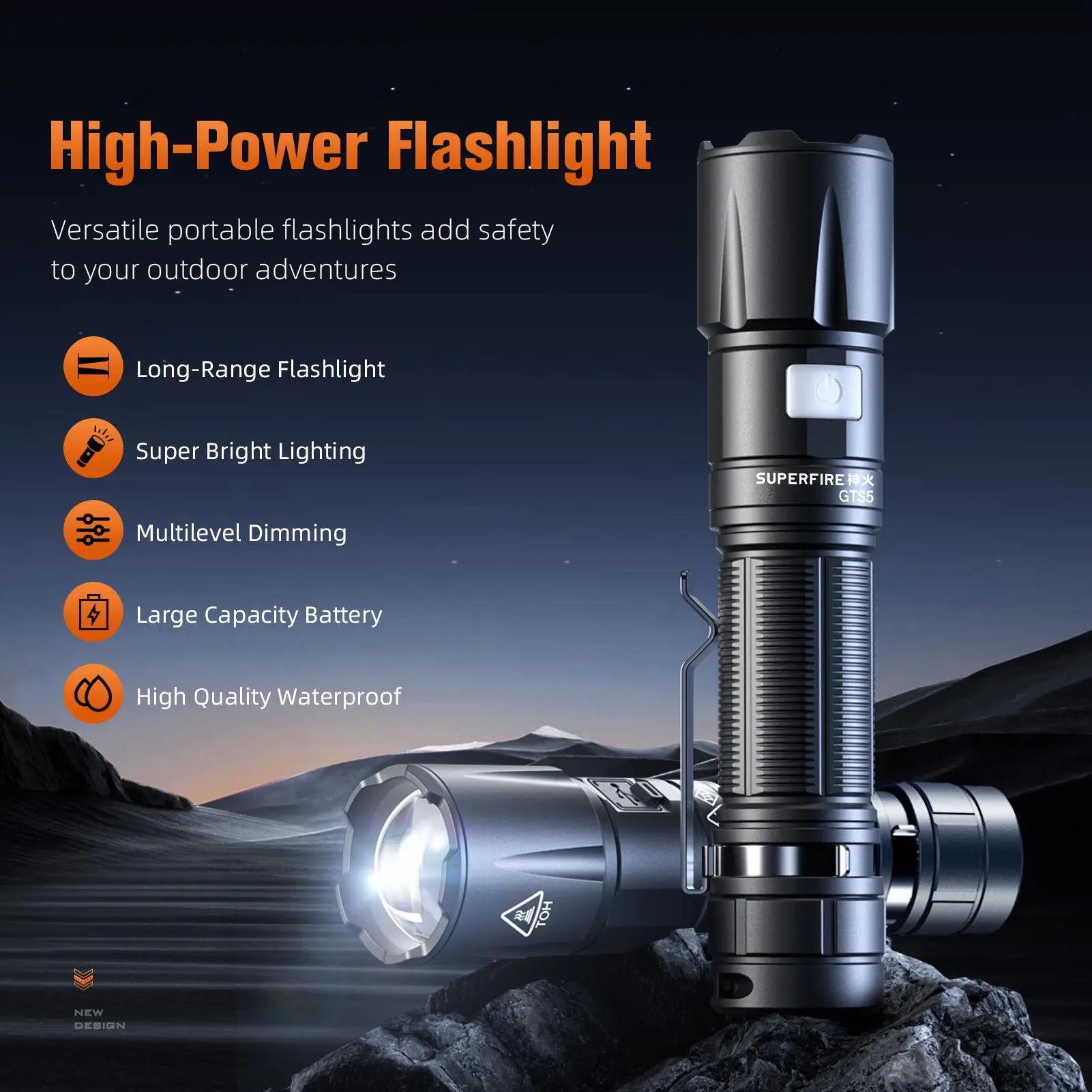 SUPERFIRE GTS5 Zoom Flashlight Type-C Charging Portable Torch Aluminum Alloy Adjustable Beam Bright for Camping Emergency EDC