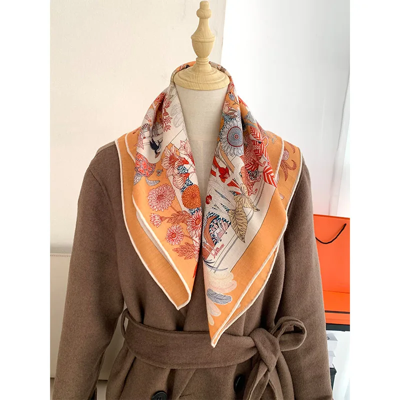 

Роскошный женский шелковый шарф из 70% шерсти и хлопка с животными и цветочным узором — модный, теплый и декоративный головной платок. 65*65 см