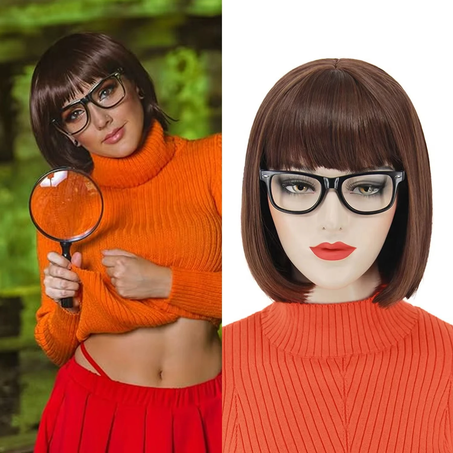 Kurze Bob-Frisur, rote synthetische Perücke für Halloween-Party-Cosplay, täglichen Gebrauch, Hochtemperatur-Haaraccessoire-Perücken-Set – Detail 14