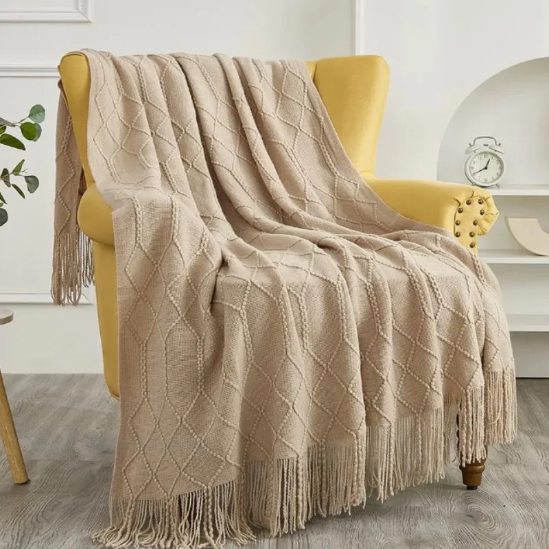 Camarel Lightweight Knit Tassels Throw Blanket Cozy Texture Jacquard Design for Couch Sofa Bed Chair Farmhouse Decor
