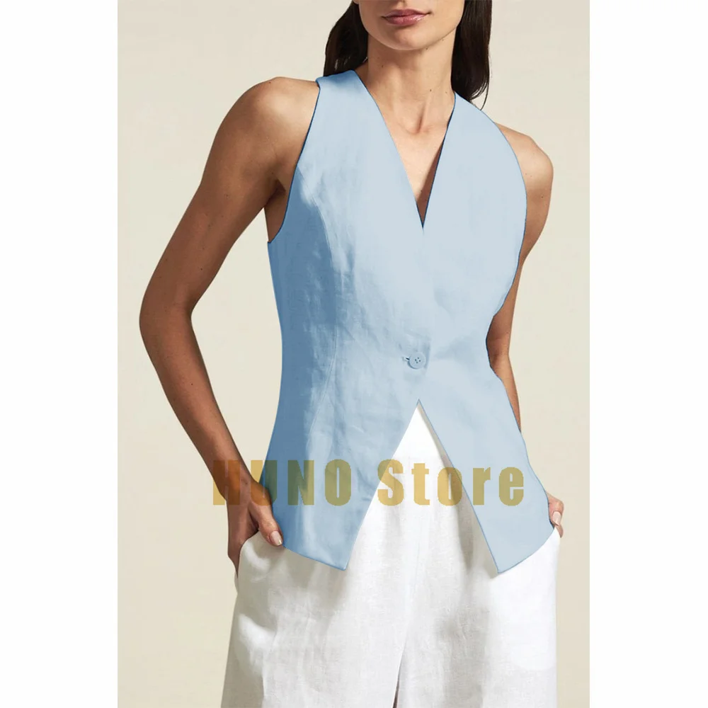 Women\'s Summer Thin Vest Female Linen Fabric Sleeveless One Button Slim Slim Fashion V Neck Elegant Solid Color Ladies Vest