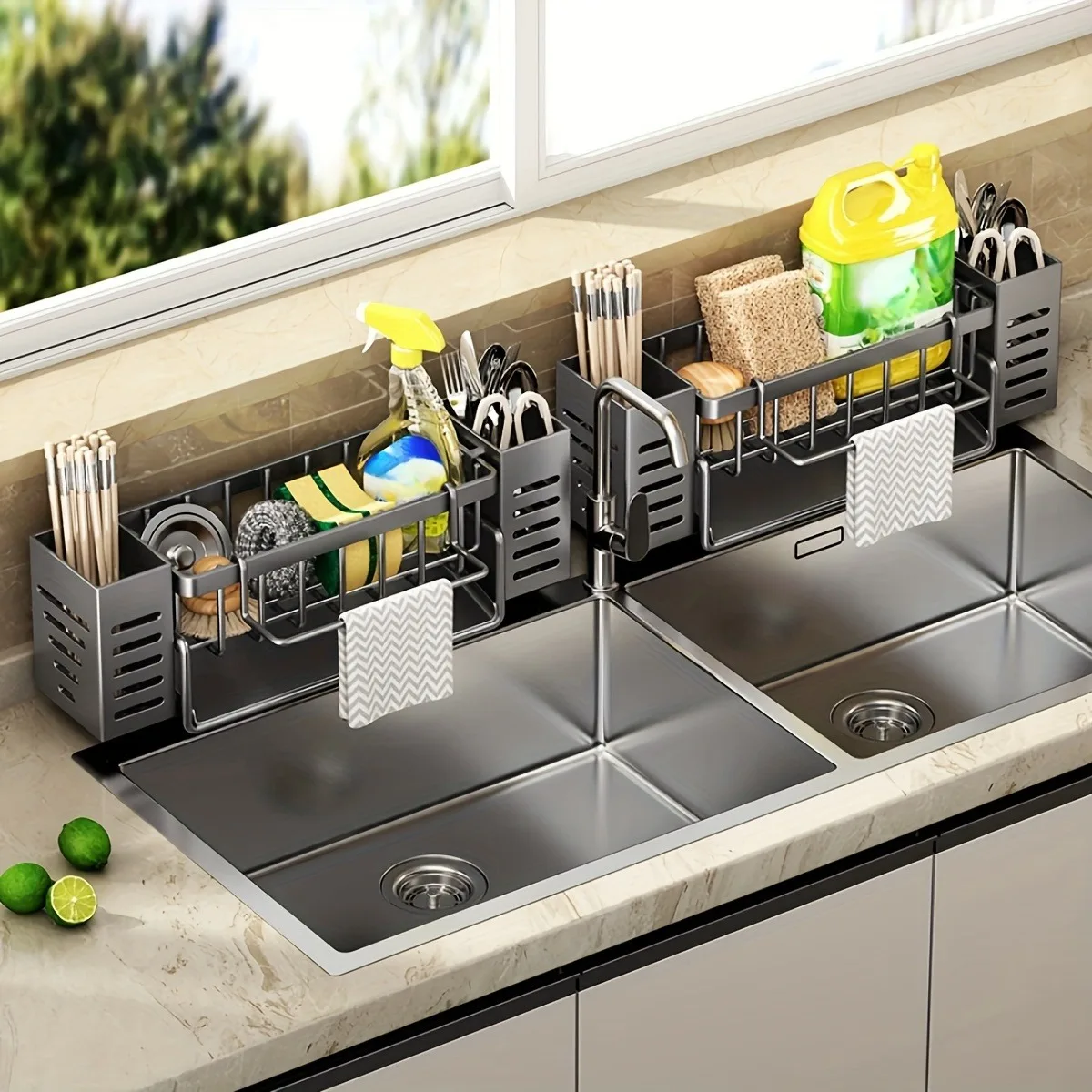 Self-draining Sink Shelf Dish Drainer Kitchen Sink Caddy Drain Rack Soap Dishwashing Sponge Holder for Kitchen Sink Organizer