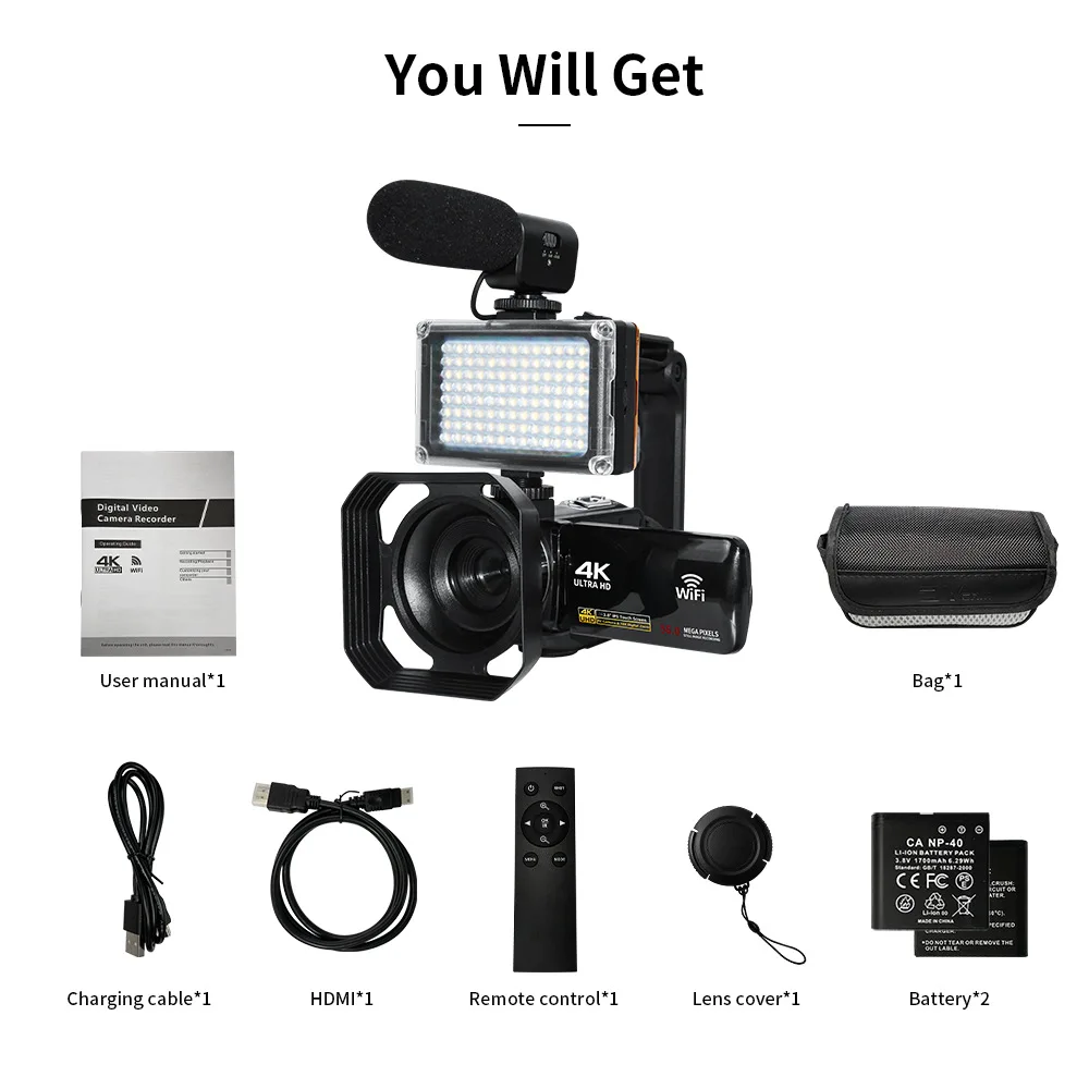 4K HD 3.0 Inch Digital Touch Camera 56MP 18X Zoom Wifi Camcorder Microphone Fill Light Video Vlogger For YouTube live broadcast