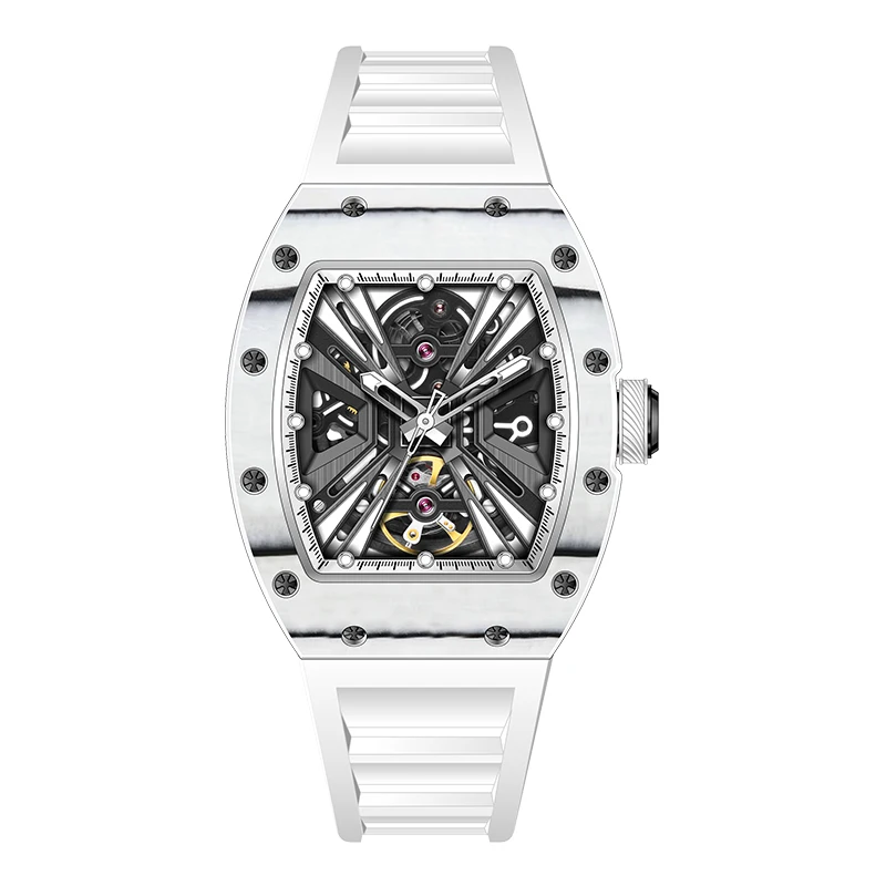 Sports Outdoor Automatic Watch for Men Luminous Hands White Skeleton Mechanical Watches Luxury Brand Rubber Strap Clock