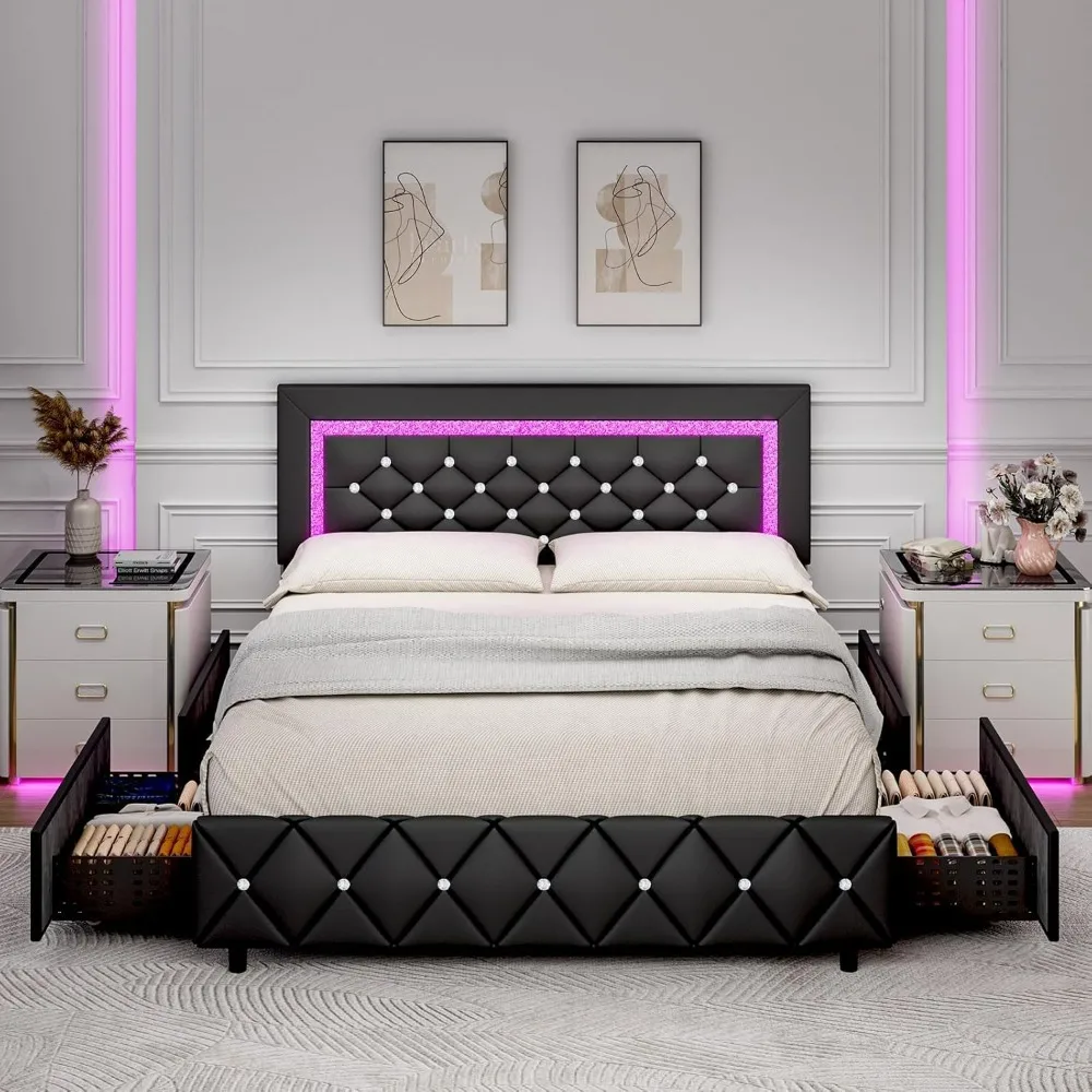 Bed.Queen Bed Frame with LED Lights, Upholstered Bed Frame with Storage Drawers, Modern Platform Bed with Diamond Headboard