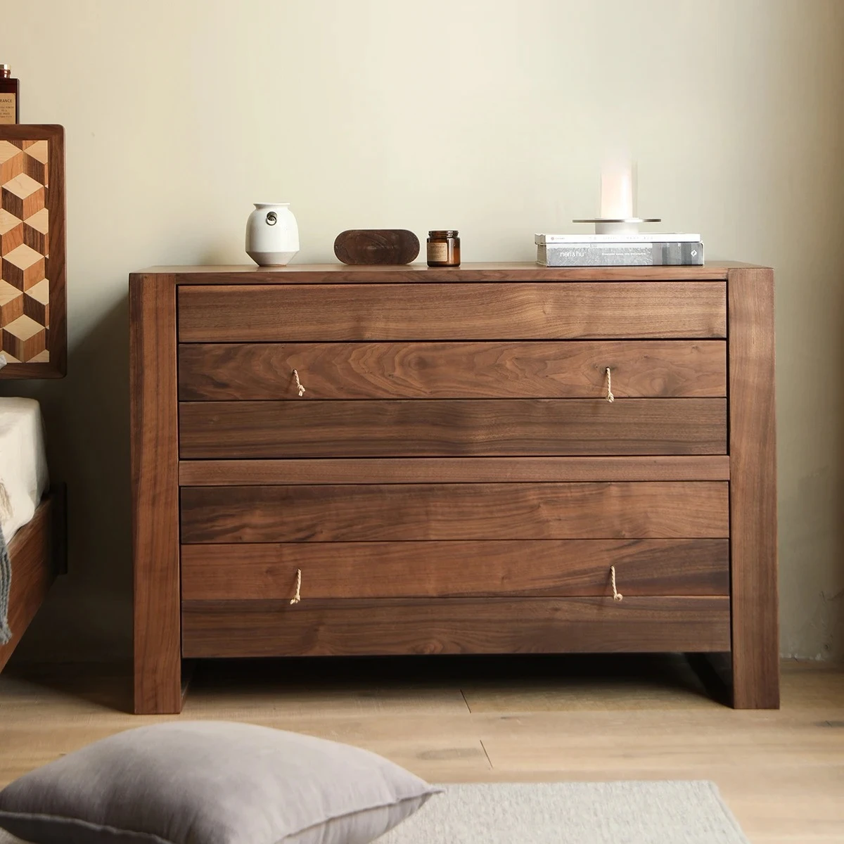 

Retro new Chinese black walnut four-bucket cabinet sandy wind pure solid wood entrance multi-functional bedroom storage cabinet