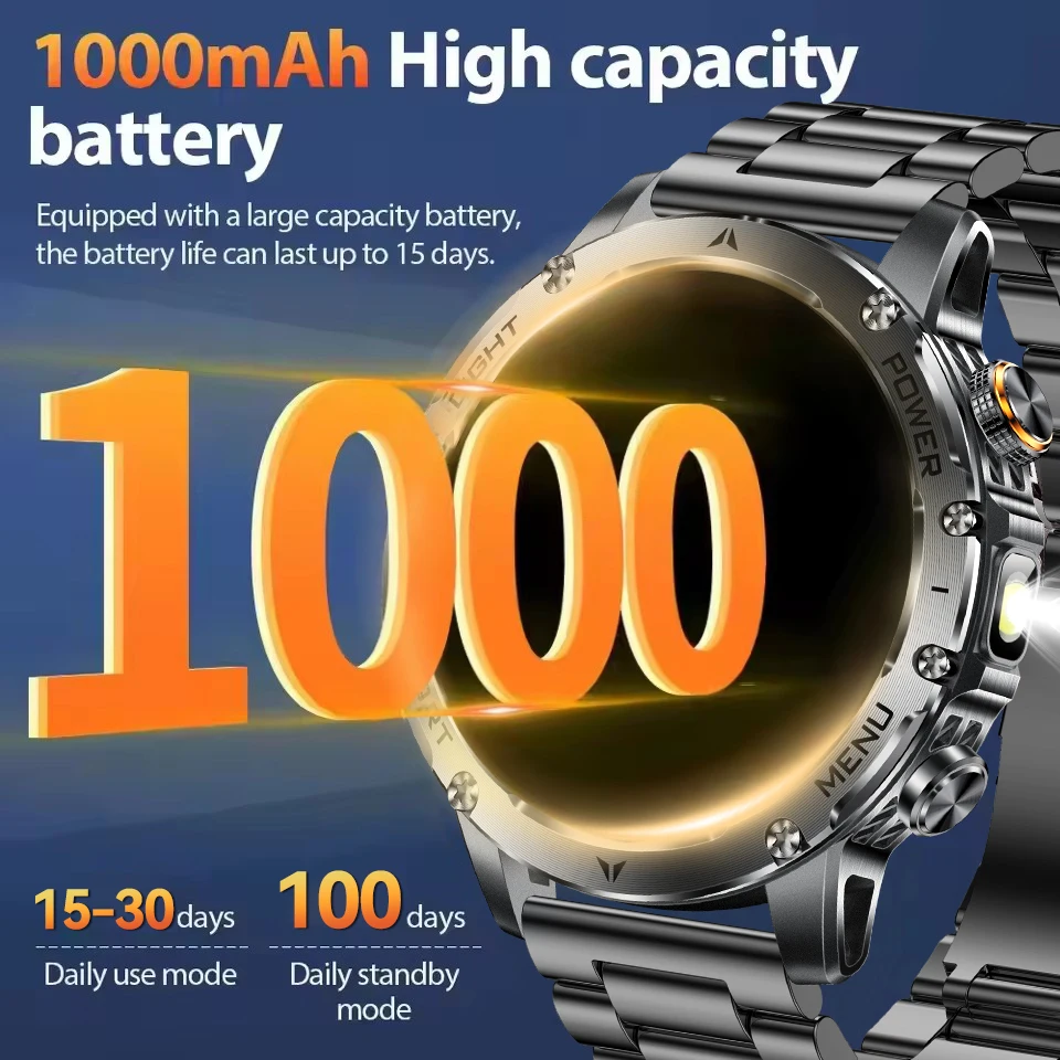 New 1000mah Battery Smart Watch Men Sports Fitness Watches LED Flashlight 3ATM Waterproof BT Call Smartwatch For Android IOS