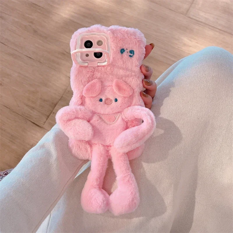 Warm Cute Pull the pig Soft Phone Case For iPhone 16 15 14 13 Pro Max 14 Plus 15 Plus Fluff Toy Camera Protect Back Cover Case