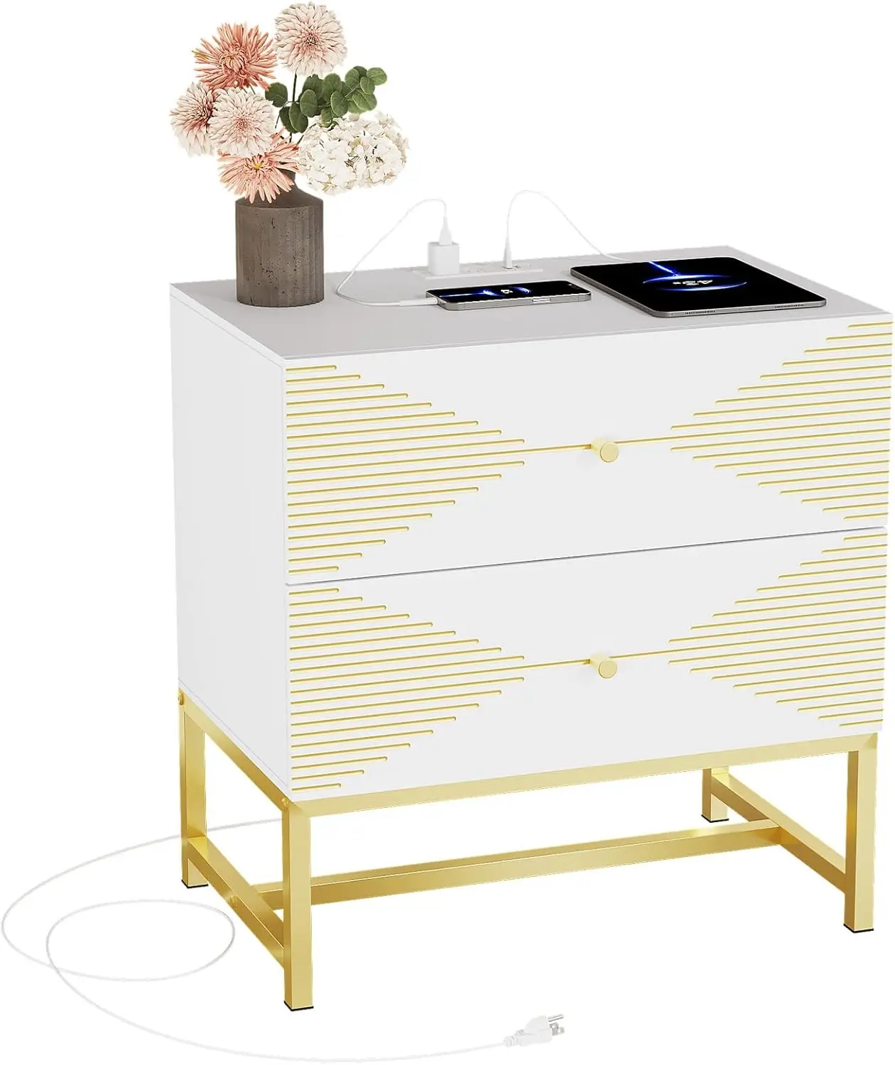 Night Stand With Charger Station, White Nightstands With 2 Drawers, Stylish Modern Bedside Tables With Hand-Drawn Gold Lines,