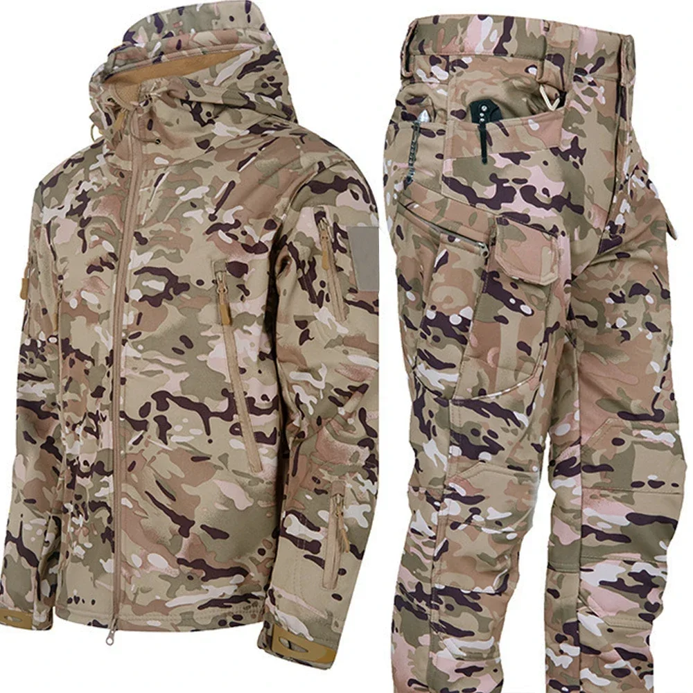 Chaqueta de invierno para hombre, conjuntos tácticos de piel de tiburón empañada, trajes acolchados impermeables a prueba de viento, uniforme de