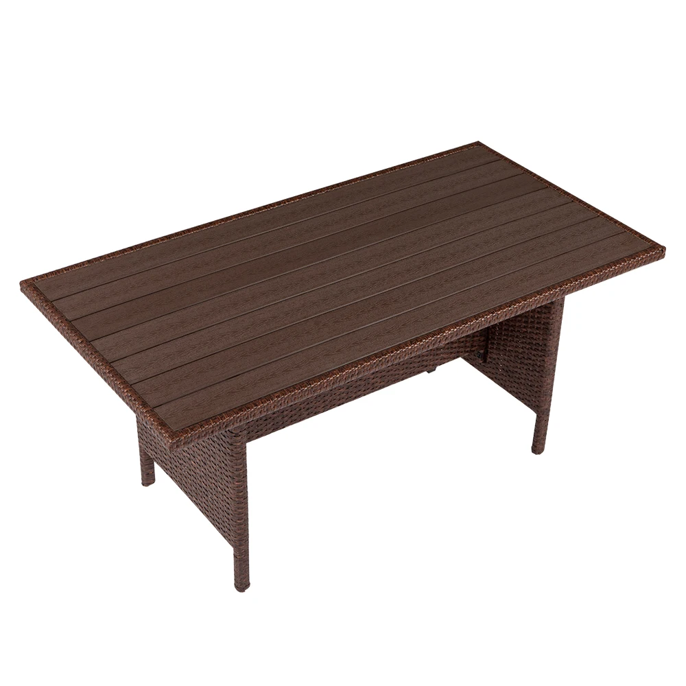 Conjunto de 8 peças de mesa de jantar e cadeira de vime para exterior, grão de madeira marrom, almofada cáqui, superfície de madeira plástica