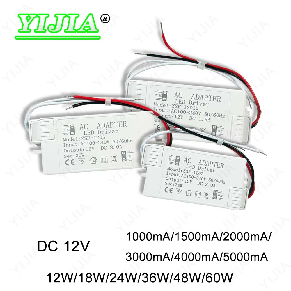 

Светодиодный привод 12W 18W 24W 36W 48W 60W DC12V 1000mA 1500mA 2000mA 3000mA 5000mA Световой трансформатор для питания 12W - 60W