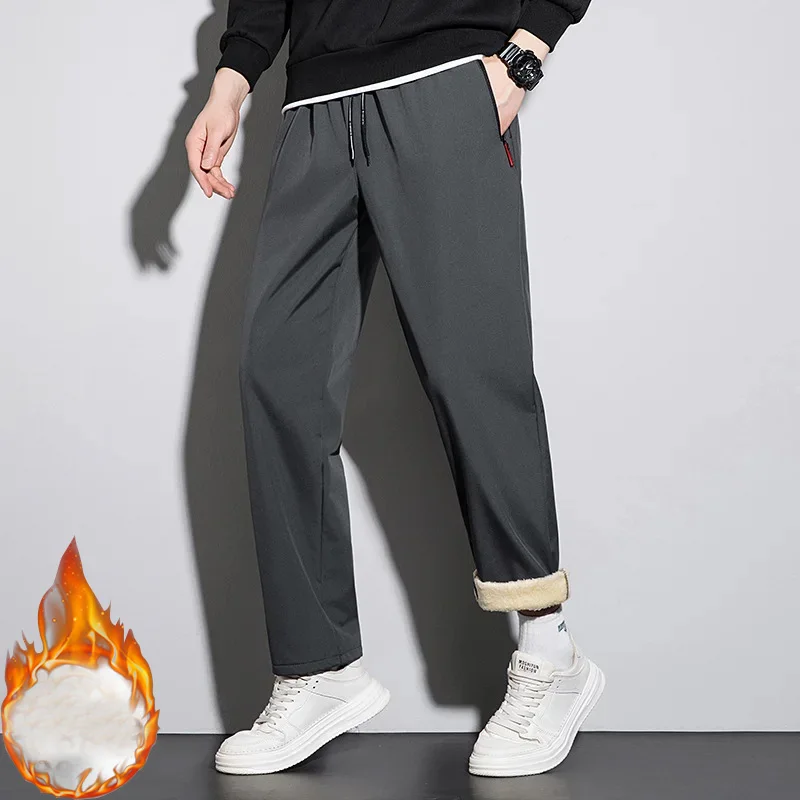 

autumn winter fleece thickened thermal loose sweatpants for men fashion Velvet Straight trousers men's solid color casual pants