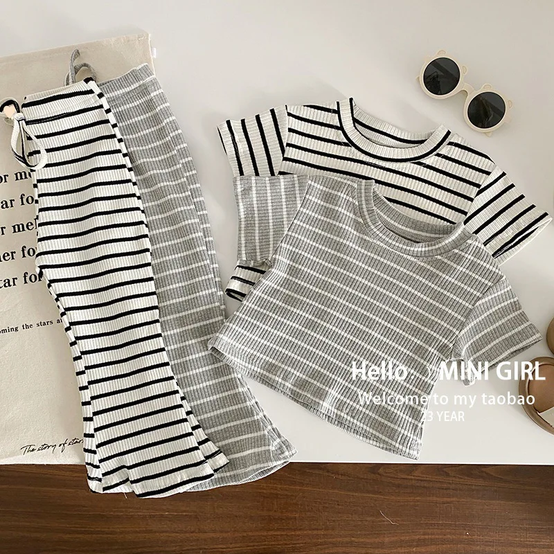 Gestreiftes Kurzarm- und Schlaghosen-Set für Mädchen – 2-teiliges Sommer-Outfit für Kleinkinder (Alter 2–6) Baby-Outfit-Set