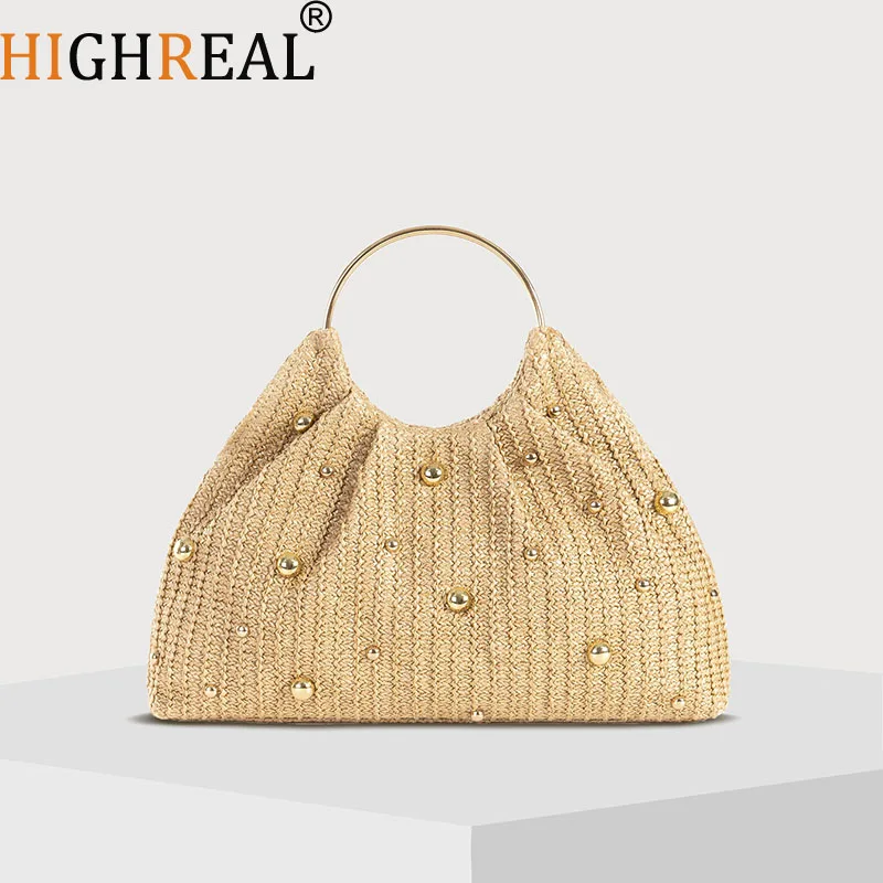 

Luxury Rivet Beach Bags for Women Handbag Metallic Round Handle Straw Bag Summer Travel Clutch Women's Bag Crochet Woven Bags